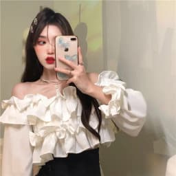 Ruffle Off Shoulder Top Women Elegant Casual Chiffon Long Sleeve Blouse Chic Korean Sweet Spring Summer Crop Top