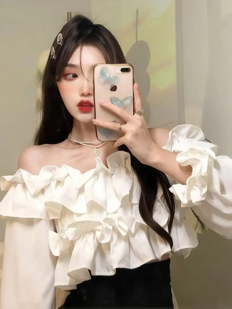 Ruffle Off Shoulder Top Women Elegant Casual Chiffon Long Sleeve Blouse Chic Korean Sweet Spring Summer Crop Top