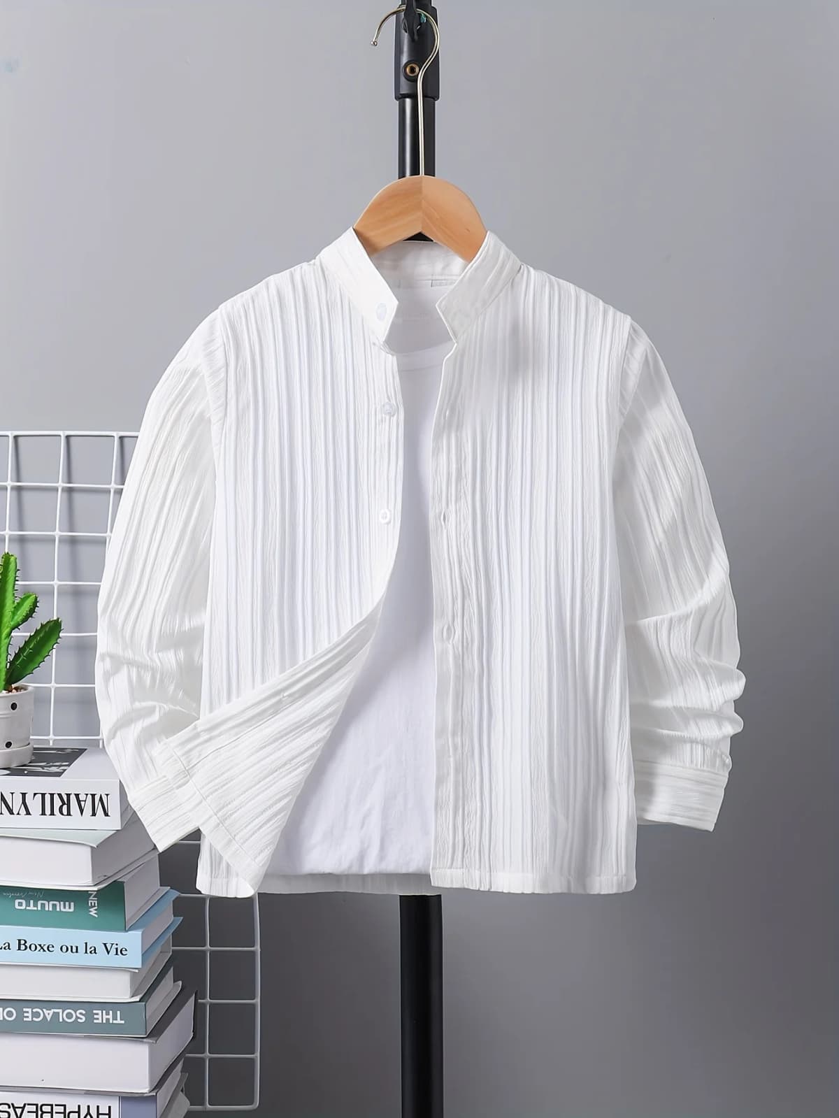 Boys' Spring/Summer Fall Collared Long-Sleeve Wave Stripe Shirt, Fashionable Versatile Outerwear, School Style Back-To-School Trendy Solid Color Ribbed Comfortable Trendy Shirt