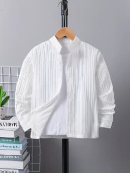 Boys' Spring/Summer Fall Collared Long-Sleeve Wave Stripe Shirt, Fashionable Versatile Outerwear, School Style Back-To-School Trendy Solid Color Ribbed Comfortable Trendy Shirt