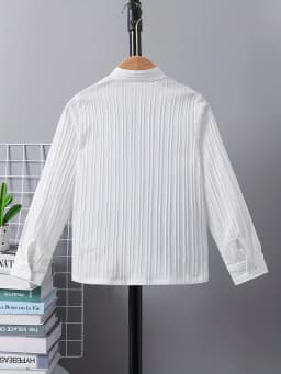 Boys' Spring/Summer Fall Collared Long-Sleeve Wave Stripe Shirt, Fashionable Versatile Outerwear, School Style Back-To-School Trendy Solid Color Ribbed Comfortable Trendy Shirt