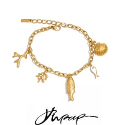 Yhpup Ocean Style Stainless Steel Chain Fish Shell Drop Bracelet Bangle 16K Golden PVD Plated Waterproof Summer Trendy Jewelry