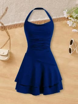 2026 Girls' Fashionable Dress with Waist Cinching and Slimming Effect, Backless Cross Tie Dress, Children's Clothing 1