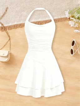 2026 Girls' Fashionable Dress with Waist Cinching and Slimming Effect, Backless Cross Tie Dress, Children's Clothing 1