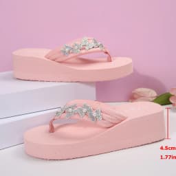 Pink Crystal Flower Wedge Heels Flip Flops Women Platform Clip Toe Beach Sandals Woman 2026 Fashion Plus Size 36-42 EVA Slippers