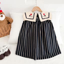 Girls' Striped Embroidered Lapel Sleeveless Dress, Spring and Autumn Circus Pattern Princess Dress, Retro Style Children's Dress