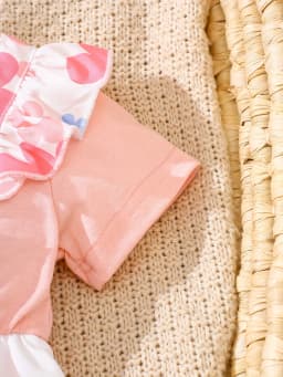 Two-Piece Set of Baby Girl Casual Dresses for Spring and Summer, Cute and Sweet Style Dresses with Cartoon Bear Patches, Floral Digital Print Patterns, Baby Girl Romper and Headband