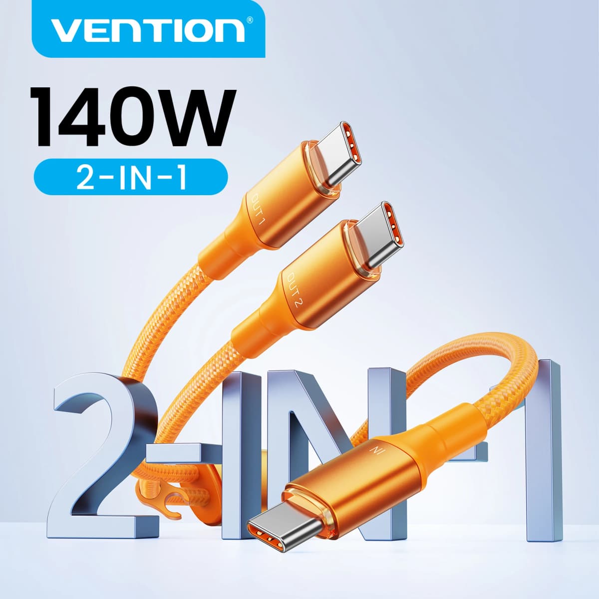 Vention 140W Cable USB C to Type C 2-in-1 PD3.1 Fast Charging Cord USB-C to Dual Type-C Wire for Laptop Tablet iphone 17 Samsung