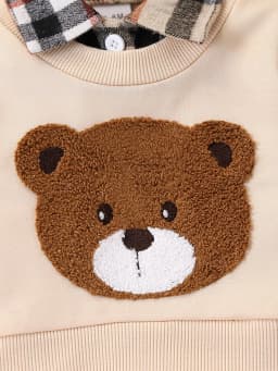 Cute Bear Embroidered Plaid Patchwork Fake Two-Piece Sweatshirt Paired with Corduroy Pants, Retro Casual Effortless Outfit