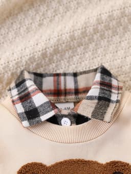 Cute Bear Embroidered Plaid Patchwork Fake Two-Piece Sweatshirt Paired with Corduroy Pants, Retro Casual Effortless Outfit