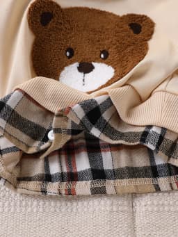 Cute Bear Embroidered Plaid Patchwork Fake Two-Piece Sweatshirt Paired with Corduroy Pants, Retro Casual Effortless Outfit