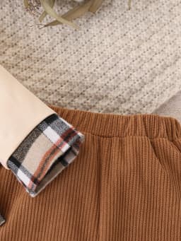 Cute Bear Embroidered Plaid Patchwork Fake Two-Piece Sweatshirt Paired with Corduroy Pants, Retro Casual Effortless Outfit
