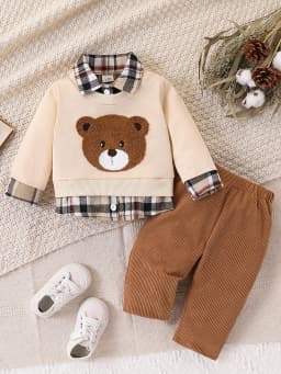 Cute Bear Embroidered Plaid Patchwork Fake Two-Piece Sweatshirt Paired with Corduroy Pants, Retro Casual Effortless Outfit
