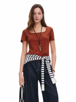 DUSHU Elastic Slim Fit Short Sleeve T-Shirt Women V-neck Summer Basics Style Double Style Embroidered Antibacterial Top Solid