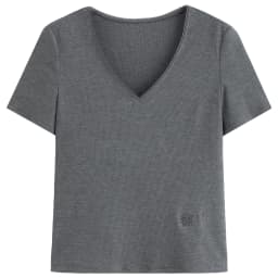 DUSHU Elastic Slim Fit Short Sleeve T-Shirt Women V-neck Summer Basics Style Double Style Embroidered Antibacterial Top Solid