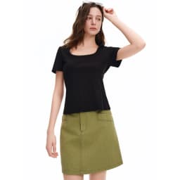 DUSHU Elastic Slim Fit Short Sleeve T-Shirt Women V-neck Summer Basics Style Double Style Embroidered Antibacterial Top Solid