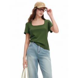 DUSHU Elastic Slim Fit Short Sleeve T-Shirt Women V-neck Summer Basics Style Double Style Embroidered Antibacterial Top Solid