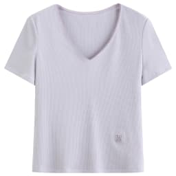 DUSHU Elastic Slim Fit Short Sleeve T-Shirt Women V-neck Summer Basics Style Double Style Embroidered Antibacterial Top Solid
