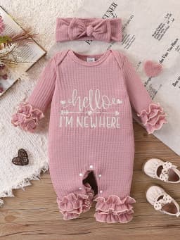 Newborn Baby Girl Waffle Knit Ruffle Romper Set – “Hello I’M New Here” Embroidered Letters, Multi-Layered Sleeves and Ruffles on the Feet, Snap Crotch Closure, Soft Hospital Discharge/Daily Sweet Romper + Matching Color Bow Headband