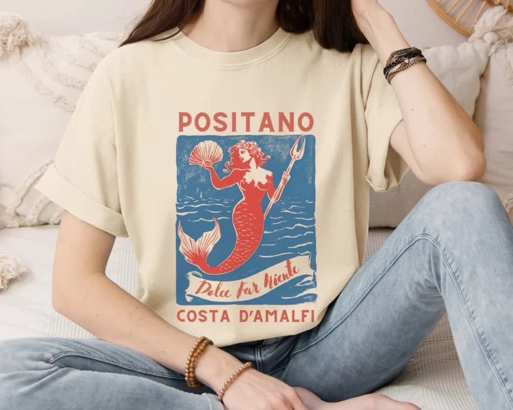 Summer Women's Vintage Positano Mermaid T-Shirt  Cotton and Breathable Short Sleeve Streetwear Oversized Loose Casual