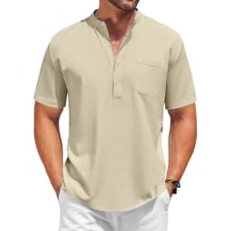 Mens Casual Henley Shirt Summer Short Sleeve Band Collar Cotton Tops Beach Hippie  Tee with Pockets Outdoor Streetwear for Men