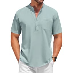 Mens Casual Henley Shirt Summer Short Sleeve Band Collar Cotton Tops Beach Hippie  Tee with Pockets Outdoor Streetwear for Men