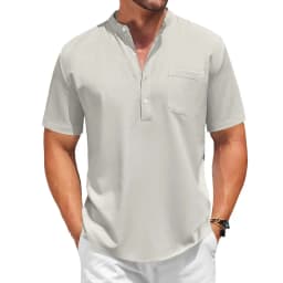 Mens Casual Henley Shirt Summer Short Sleeve Band Collar Cotton Tops Beach Hippie  Tee with Pockets Outdoor Streetwear for Men