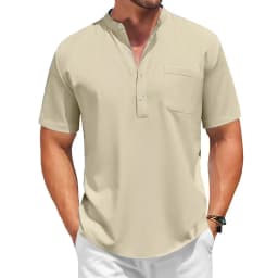 Mens Casual Henley Shirt Summer Short Sleeve Band Collar Cotton Tops Beach Hippie  Tee with Pockets Outdoor Streetwear for Men