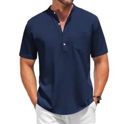 Mens Casual Henley Shirt Summer Short Sleeve Band Collar Cotton Tops Beach Hippie  Tee with Pockets Outdoor Streetwear for Men