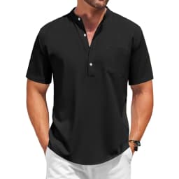 Mens Casual Henley Shirt Summer Short Sleeve Band Collar Cotton Tops Beach Hippie  Tee with Pockets Outdoor Streetwear for Men