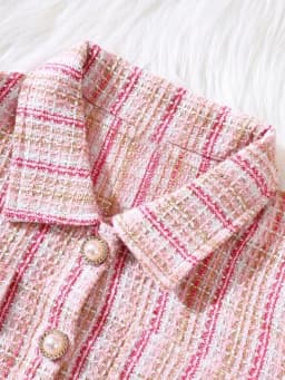 Elegant plaid suit for girls, long sleeved button top with flared hem, tight fitting dress suitable for spring and autumn