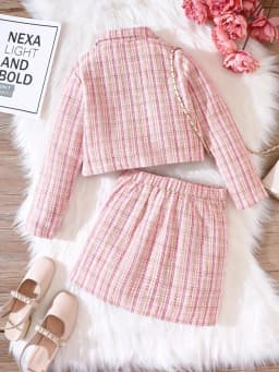 Elegant plaid suit for girls, long sleeved button top with flared hem, tight fitting dress suitable for spring and autumn