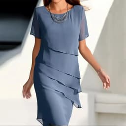 Women's Party Dress Chiffon Short Sleeve Round Neck Layered Asymmetrical Hem Formal Cocktail Dress 