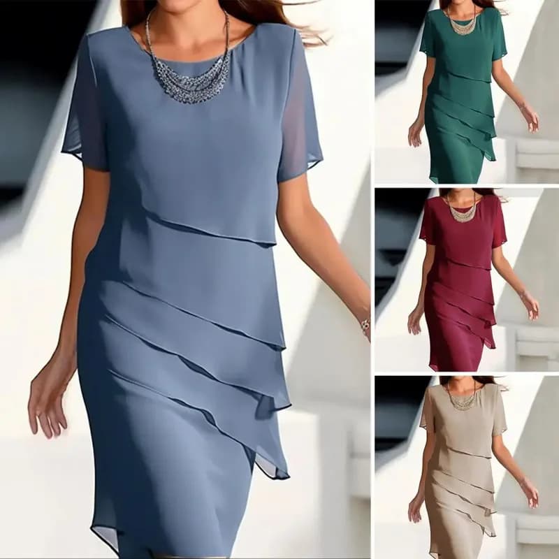 Women's Party Dress Chiffon Short Sleeve Round Neck Layered Asymmetrical Hem Formal Cocktail Dress 