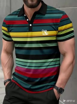 2026 Summer New Style Men's Short-Sleeved Polo Shirt with 3D Stripes Pattern Print - Street Casual Fashion Comfortable and Soft