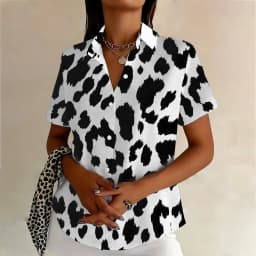 Summer Fashion Plus-Size Women's Short-Sleeve Lapel Shirt, Irregular Cow Pattern, Retro Vintage Style, Street Casual Wear.