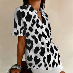 Summer Fashion Plus-Size Women's Short-Sleeve Lapel Shirt, Irregular Cow Pattern, Retro Vintage Style, Street Casual Wear.