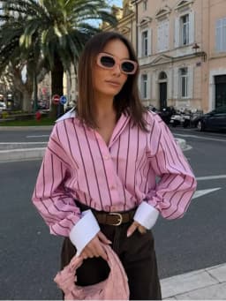 Spring Women's Casual Stripes Pink Shirts Trendy Vacation Buttons Lapel Shirts New 2026 Summer Fashion Female Streetwear