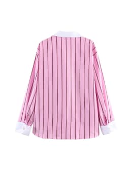Spring Women's Casual Stripes Pink Shirts Trendy Vacation Buttons Lapel Shirts New 2026 Summer Fashion Female Streetwear