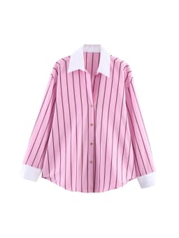 Spring Women's Casual Stripes Pink Shirts Trendy Vacation Buttons Lapel Shirts New 2026 Summer Fashion Female Streetwear