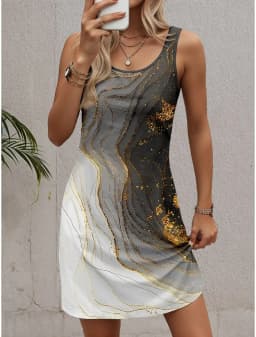 Women's Sleeveless Crew Neck Tank A-Line Mini Dress,Print, Red Purple Green Gray, Loose Casual Summer Vacation Daily Dress