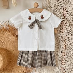 Girls' summer outfit set summer new style children's short sleeved，Bear Embroidery  T-shirt pleated skirt stylish two-piece set