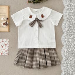 Girls' summer outfit set summer new style children's short sleeved，Bear Embroidery  T-shirt pleated skirt stylish two-piece set