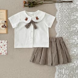 Girls' summer outfit set summer new style children's short sleeved，Bear Embroidery  T-shirt pleated skirt stylish two-piece set