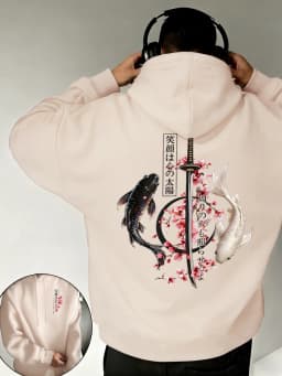 Black & White Koi Cherry Blossom Sabre Print Men Basics Hoodie Fleece Soft All-Match Tops Casual Colour Pullover Comfy Clothes