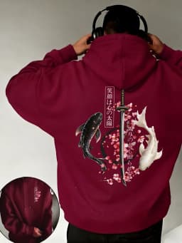 Black & White Koi Cherry Blossom Sabre Print Men Basics Hoodie Fleece Soft All-Match Tops Casual Colour Pullover Comfy Clothes