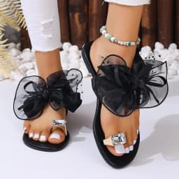 Big Rhinestone Clip Toe Sandals for Women 2026 Summer Silk Bowtie Beach Flip Flops Woman Plus Size 42 Flat Heels Slippers Shoes