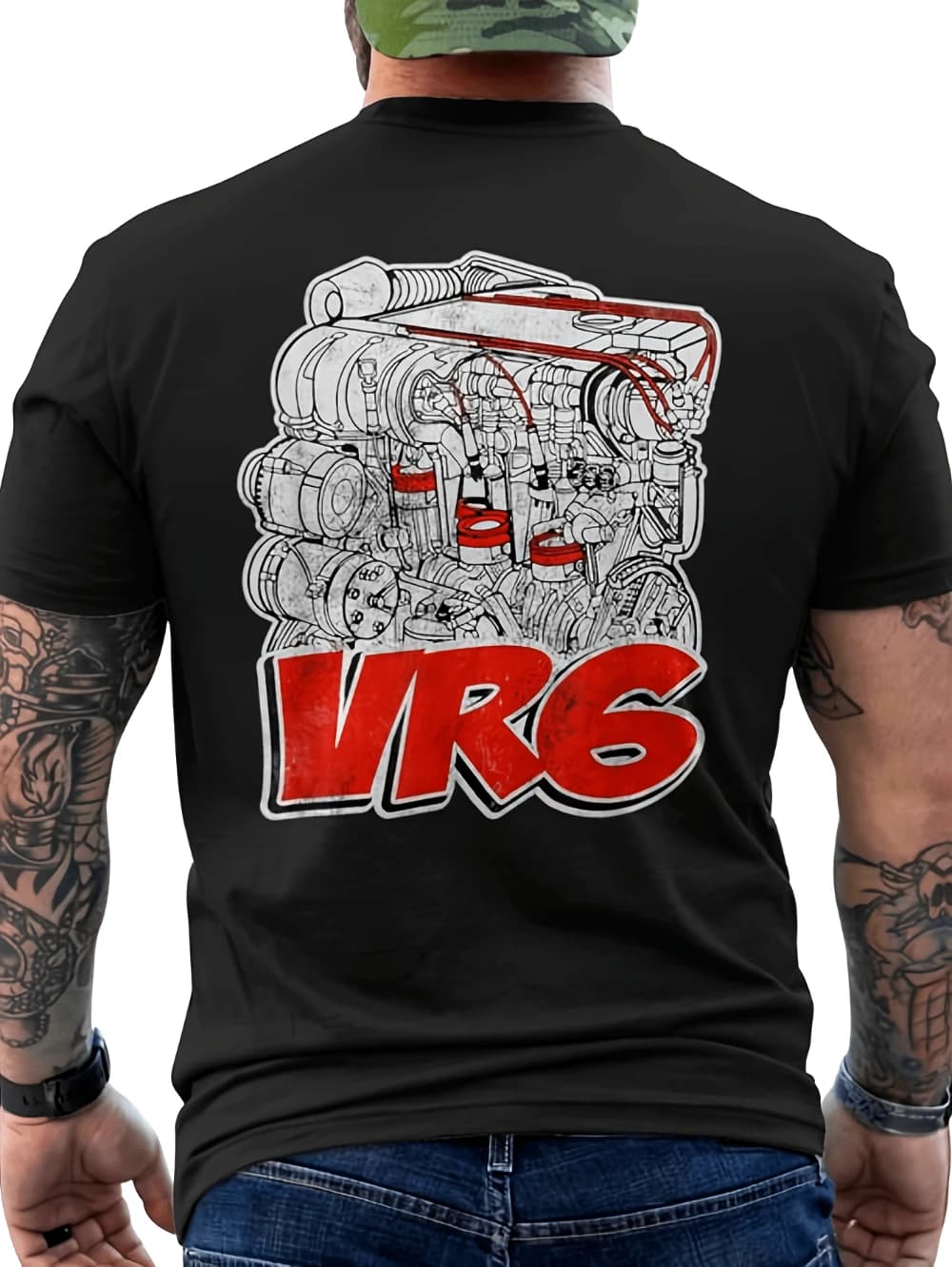 Men'S Vintage VR6 Engine Graphic Tee Apparel for Car Lovers Featuring Red and Black Mechanical Design Casual Short Sleeve