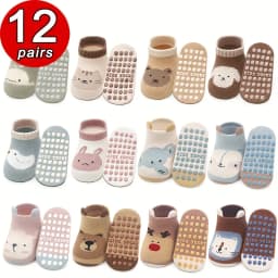 12 Pairs of Boys and Girls' Anti Slip Socks with Cute Cartoon Animal Patterns, Comfortable and Breathable Baby Floor Socks