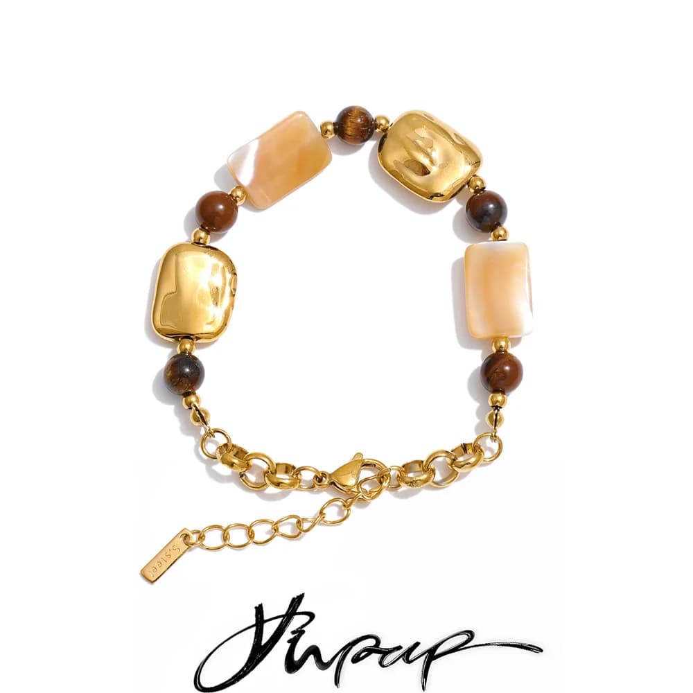 Yhpup Stainless Steel Natural Shell Tiger Stone Chain Handmade Bracelet Bangle Recommend Handmade Exquisite Charming Jewelry
